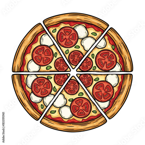 A vibrant overhead view of a freshly baked Margherita pizza sliced into six delicious pieces ready to be enjoyed in a bright culinary setting