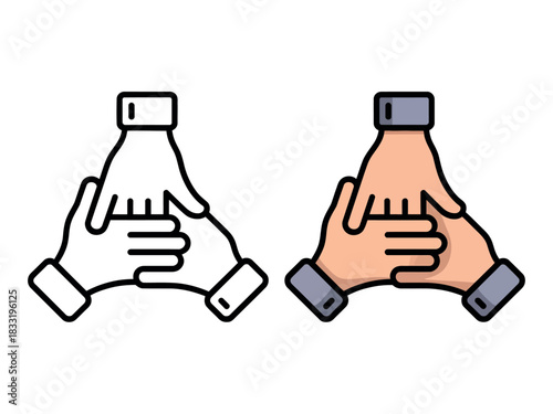 Three hands clasped together form a symbol of unity, teamwork, and support.