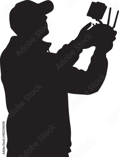 silhouette of a man with drone remote controller on a white background,  Concept of unmanned flight and aerial technology, Black and white silhouette vector icon. 