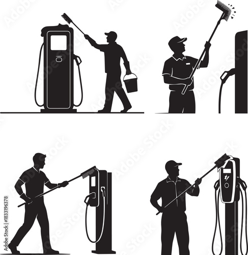 Clean Energy Charging Point Cleaning Graphic, Professional EV Service and Wash Concept Art,  four various EV charging station cleaning workers with long brush, modern & creative design. 