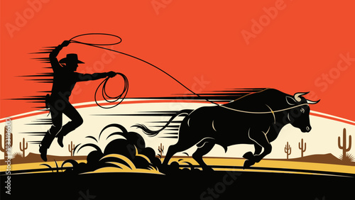 Silhouette of a cowboy attempting to lasso a running bull in a desert landscape under an orange sky