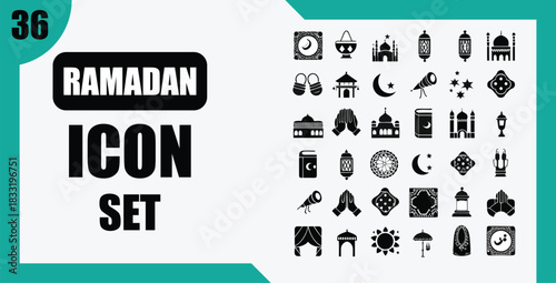 Ramadan themed icon set with islamic symbols on transparent background silhouette