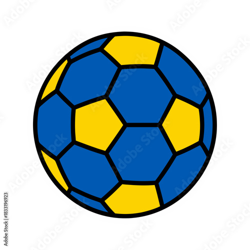 Soccer Ball With Blue And Yellow Hexagonal Panels And White Outline On Black Background