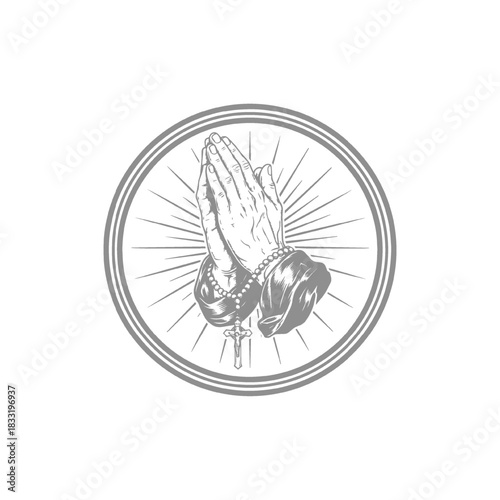 Praying Hands with Rosary and Cross Line Art Illustration