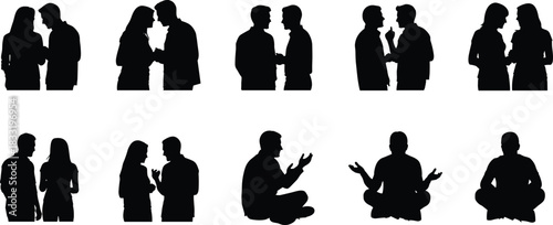 Silhouettes of couples and individuals engaged in discussion, argument, communication, emotional expression, conflict resolution, conversation, and interaction