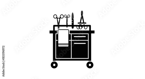 Medical Cart with Surgical Instruments Silhouette Illustration.