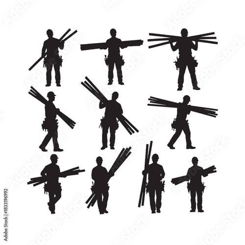 construction worker carrying wood bars silhouettes, worker silhouette, builder vector, labor job, carpentry worker, industrial worker