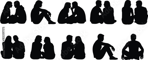 Silhouettes of couples sitting together, communicating, bonding, sharing emotions, expressing connection, intimacy, mindfulness, and peaceful interaction