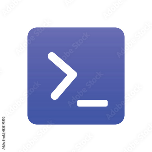 A blue square with rounded corners containing a white greater than symbol and underscore character Terminal Vector Icon