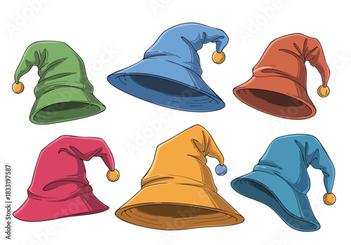 Collection of whimsical pointed hats in various colors isolated on a pristine white background for festive design projects and digital illustrations