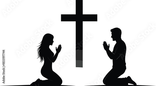 Silhouettes of man and woman kneeling in prayer before a cross, faith, devotion, spirituality, worship, religious symbolism