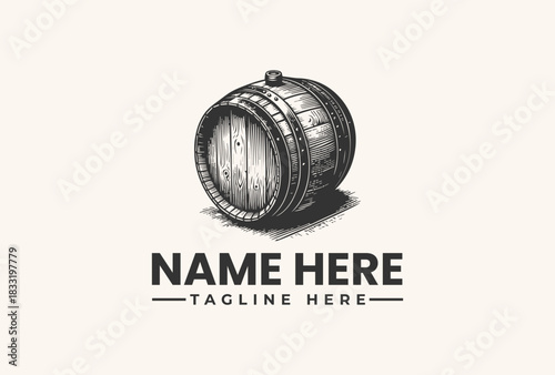 Rustic Wooden Barrel Logo Vector Illustration - Vintage Style Brewery or Distillery Emblem Design