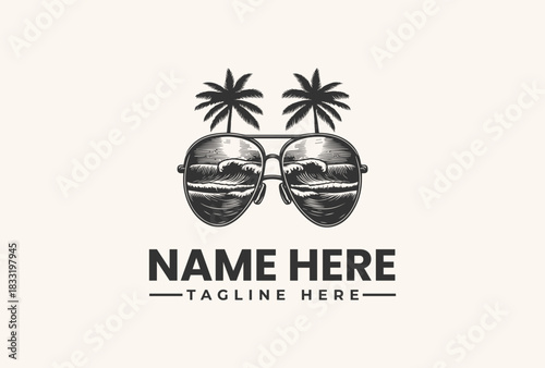 Vintage summer beach logo vector illustration of sunglasses, palm trees, and ocean views in EPS format
