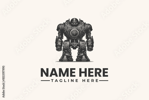 Vintage mechanical robot mascot emblem, a powerful warrior character logo vector illustration design