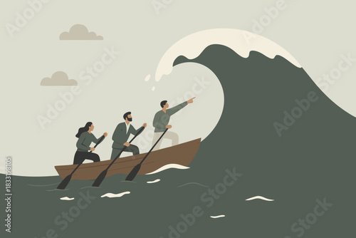 Team navigates challenges together, rowing towards success despite looming wave, teamwork triumphs towards their business goals