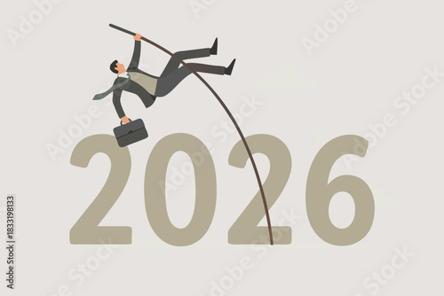 Achieving 2026 business goals illustration showing determined businessman using pole vault for success, ambition ahead