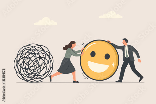 Business team transforming chaos into positive results, collaboration and teamwork, overcoming challenges with optimism