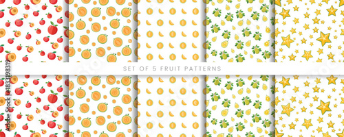 Seamless Vector Fruit Patterns Featuring Peach Melon Guava and Starfruit for Summer Textile Print, Food Packaging and Fabric Design
