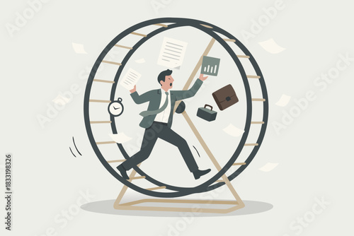Stressed businessman runs in hamster wheel of deadlines, multitasking, and endless paperwork, a metaphor for corporate burnout