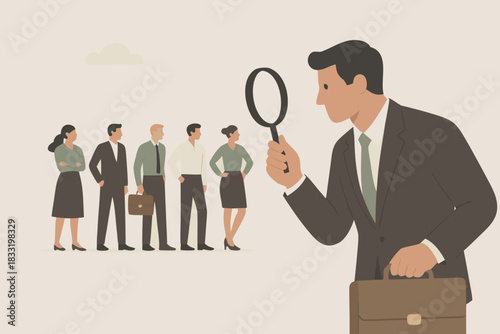 Talent acquisition leader uses magnifying glass to find top candidates from group of diverse professionals for key roles