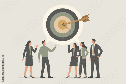 Team celebrates hitting goals with arrow in target, symbolizing success and achievement in collaborative business strategy