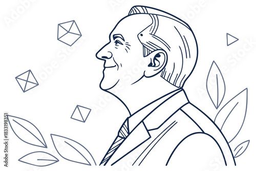 Minimal line-art CEO portrait — thin monoline structure, geometric accent shapes, modern business poster style.