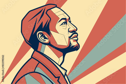 Abstract manager portrait — cubist-inspired vector blocks, bold poster contrast, transparent single icon.