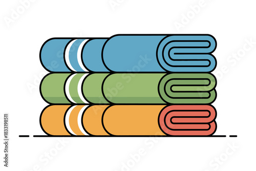 Illustration of a stack of three neatly folded colorful towels with white stripes