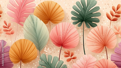 Tropical Leaves: An array of stylized tropical leaves in shades of pink, orange, and green, arranged in a visually pleasing pattern, creating a vibrant and cheerful design.