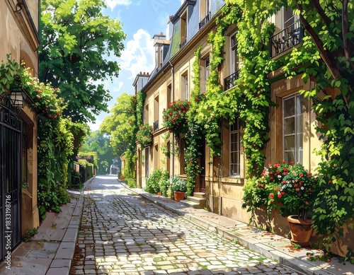 Charming cobblestone street lined with ivy-covered buildings under a sunny sky