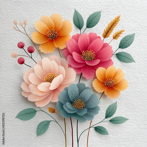 Vibrant Floral Composition: A stunning assortment of delicately crafted, multi-colored flowers, boasting layers of textured petals, exudes a sense of tranquility and decorative charm.