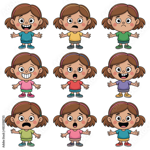 A cartoon girl expresses nine different emotions and feelings.
