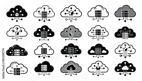 Cloud computing icons representing data storage and network services vector set