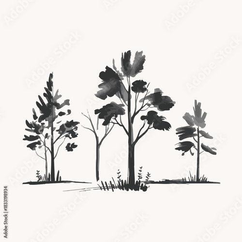 Assortment of black and white trees with distinct styles and structures, perfect for nature-themed designs