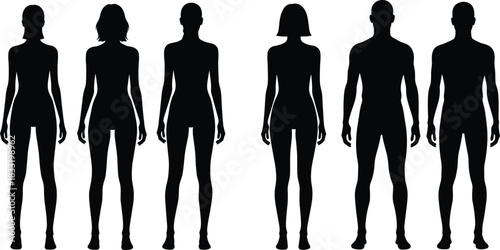 Human body silhouettes, male and female figures, standing posture, anatomy diversity, gender representation, hairstyle variation, modeling reference, design asset