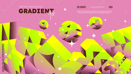 Fototapeta Naklejka Na Ścianę i Meble -  Realistic 3D vector shapes with gradient colors, flying abstract postmodern geometric volumetric different shapes in motion, pink background, Gradient brutal contemporary figure