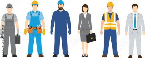 Illustrated professionals in diverse occupations, construction workers, engineers, business executives, career roles, workplace attire, job diversity, concept art