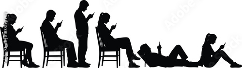 Silhouettes of people using mobile phones while sitting standing and relaxing, digital device addiction concept illustration