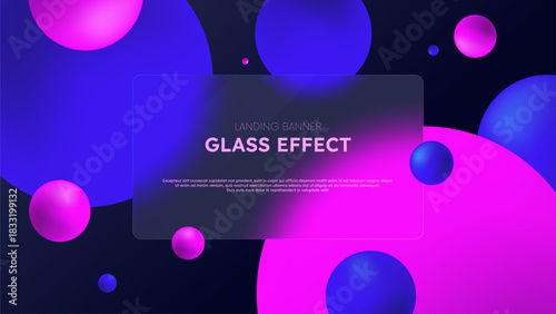 Floating abstract blue and pink spheres and Rectangular transparent banner frame with a blurred effect in glass morphism style, Vector render of cloudy glass website landing page template