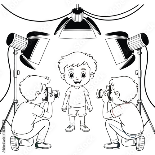 Two photographers capture a smiling child's portrait in a studio setting with lighting equipment.