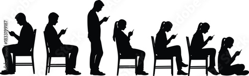 Silhouettes of people sitting and standing while using smartphones, modern digital lifestyle and screen addiction concept illustration