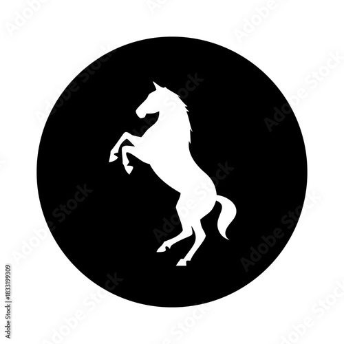 Silhouette of a rearing horse standing on its hind legs inside a black circle, a powerful and majestic animal icon representing freedom, strength, and wild nature, perfect for logo design or graphic 
