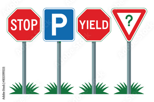 Four different road signs including stop sign parking sign yield sign and question mark sign