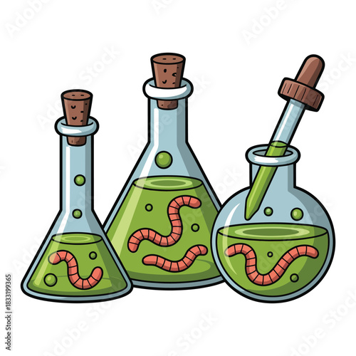 Laboratory flasks contain green liquid with worms in a science experiment.