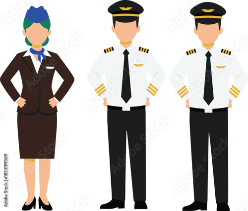 Airline crew vector illustration set, professional pilots wearing uniform with gold epaulets and female flight attendant cabin crew in suit, aviation and travel industry concept.