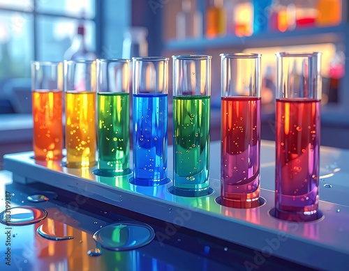 Colorful Test Tubes Filled with Liquids on Rack in Laboratory Setting
