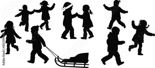 Black silhouettes of children playing outdoors in winter clothes, pulling a sled, dancing, and running, representing winter fun, childhood joy, cold weather activities, Christmas holiday, 
