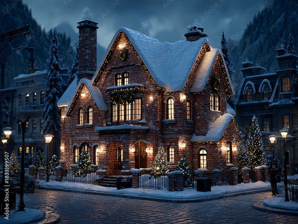 Obraz premium a beautifully decorated house during the Christmas season, adorned with lights and Christmas trees. A group of people, possibly children, are standing in front of the house