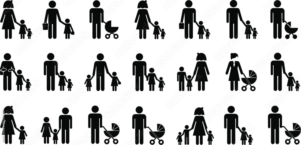 Obraz premium Family parenting silhouettes collection showing mothers fathers children and baby stroller icons symbolizing parenthood childcare family relationships and modern family lifestyle concepts