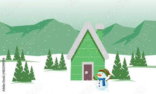 A charming winter scene featuring a cozy green house nestled amidst snow-covered landscape and a whimsical snowman, evoking the joy and serenity of the season